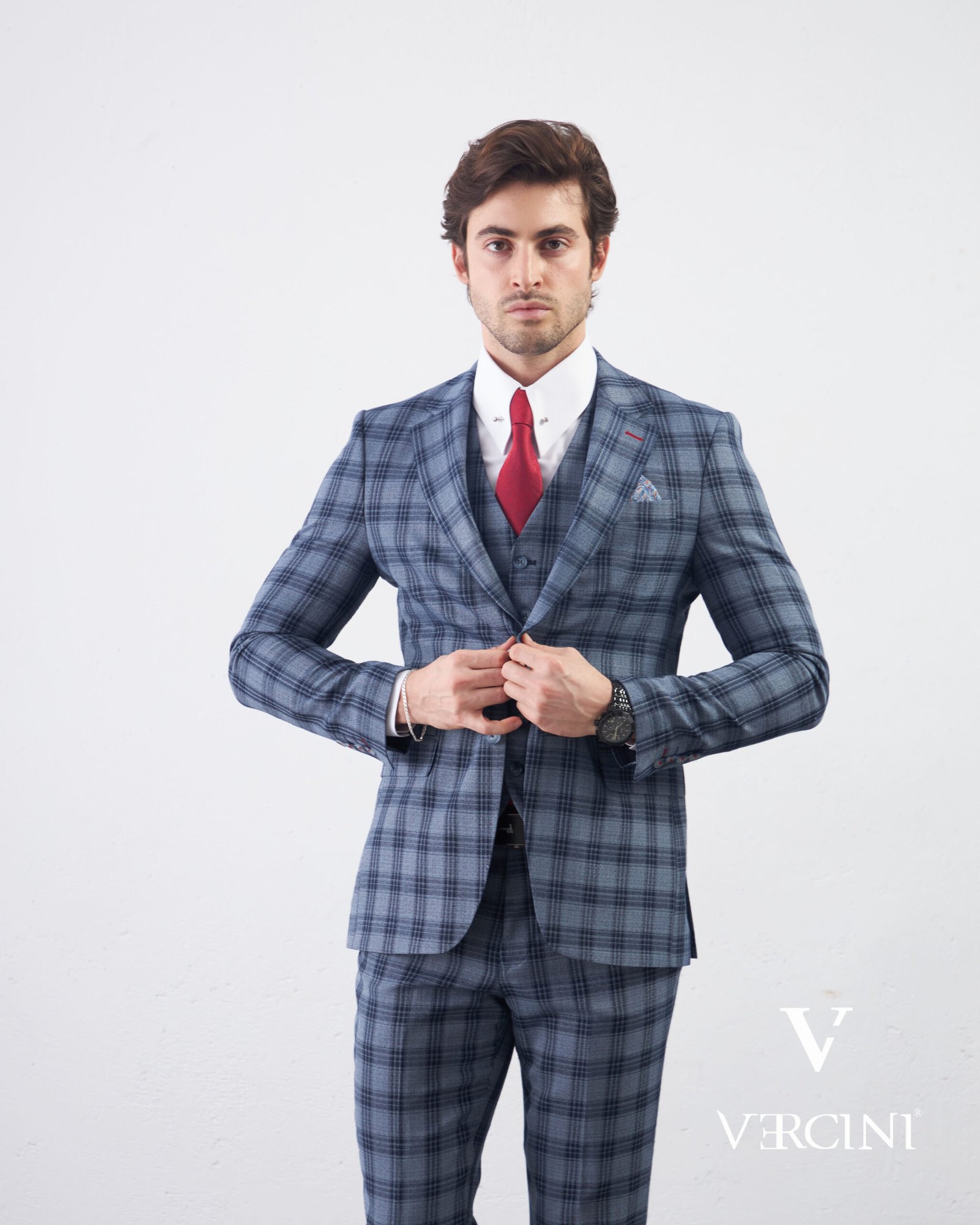 Vercini Urban Elegance Plaid Three Piece Vested Suit
