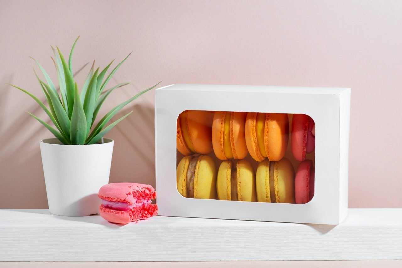 Elementor #14798 macarons in gift box mockup on a light background